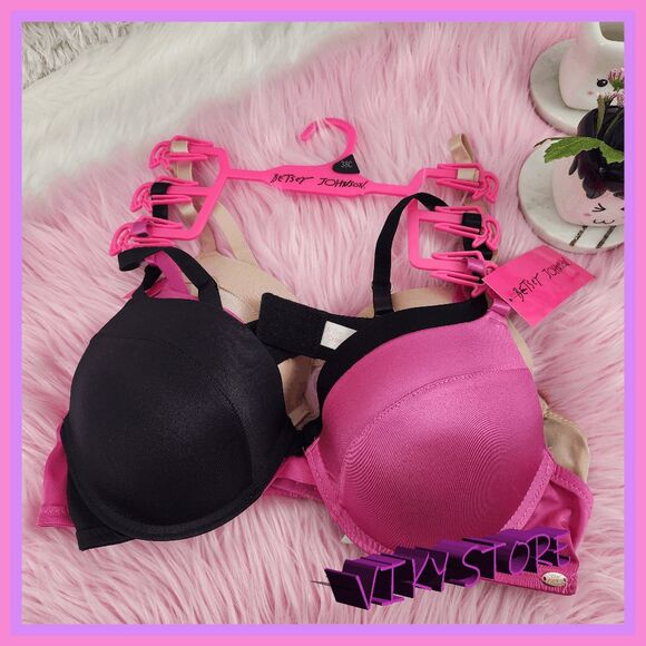 💖 NWT Betsey Johnson 3 Pck Unlined Bra 38C Black Pink Beige Chic #7226 💖 - Picture 1 of 7
